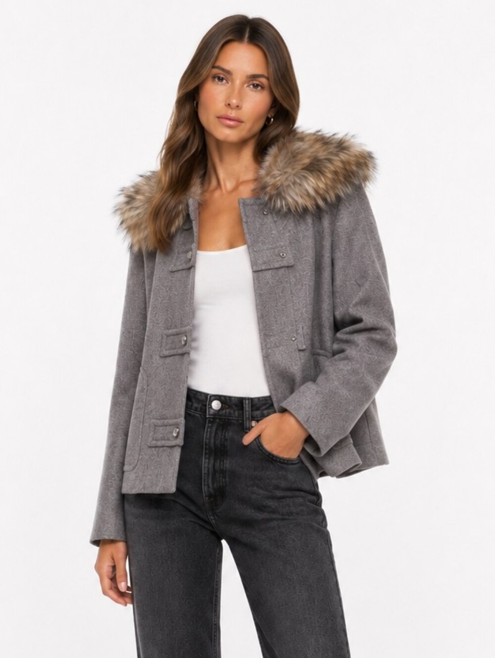 Zara Grey Detachable Faux Fur Trim Peacoat Jacket Size L